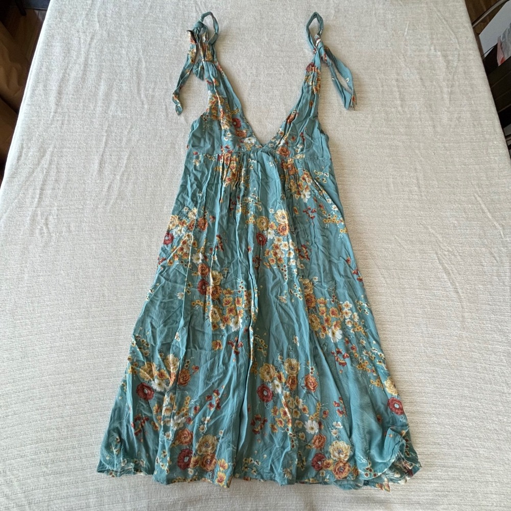 ONeill Teal Floral Tie Strap V-Neck Empire Waist Mini Dress Small Sundress Boho - Picture 2 of 8